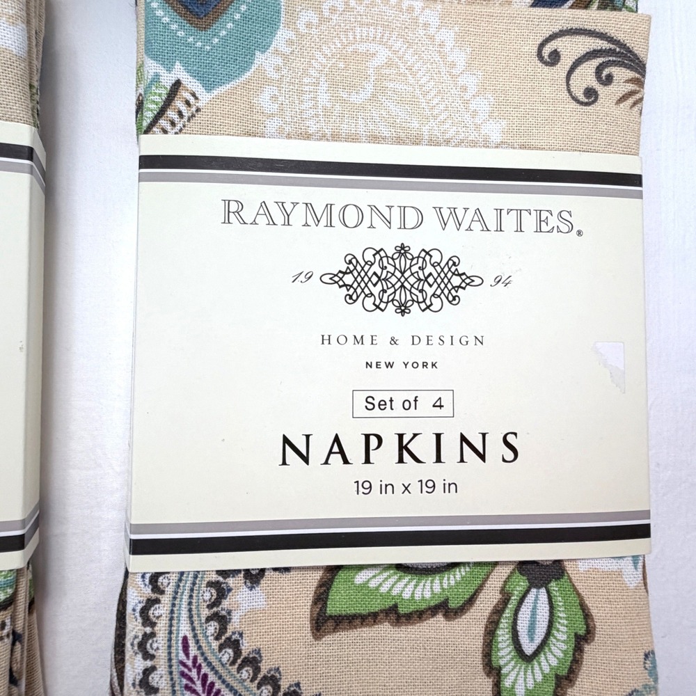 Raymond Waites Napkins Set of 8 19x19 Tan Blue Paisley 100% Cotton New Floral - Picture 4 of 7